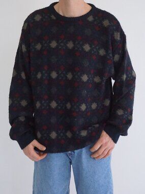 Munsingwear Navy Red Gray Diamond Pattern Fuzzy Knit Casual Geometric Sweater XL
